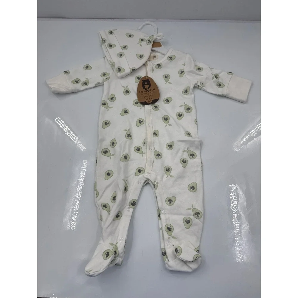 Rabbit Bear Organic Avocado Sleeper and Hat Set 6-9M White Green‎ G157A101